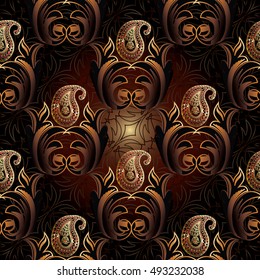 Modern luxury dark baroque damask floral vector seamless pattern background wallpaper illustration with gold vintage paisley flowers and antique ornaments.3d decor elements with shadow and highlights.
