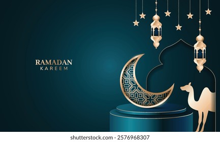 Modern luxury decorative islamic ramadan mubarak greetings with crescent moon, lantern, and camel.