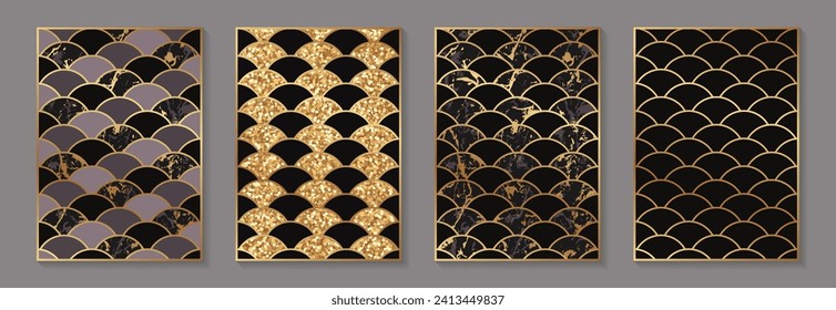 Modern luxury elegant backgrounds design with golden circles, glitter and marble in chinese or asian style.