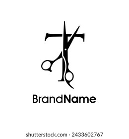 Moderne, luxuriöse und elegante Illustration Logo Design Initial T Schere. Logo kann für firmenbezogene Barbershop und Salon verwendet werden.