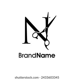 Modern, Luxury and Elegant illustration logo design Initial N Scissors. Logo can use for company related Barbershop and Salon.