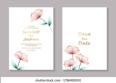 Modern luxury floral wedding invitation design or card templates for birthday greeting or certificate or cover with golden text and pink flowers on a white background.