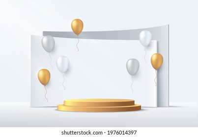 Modern Luxury Gold Cylinder Pedestal Podium. White Minimal Wall Scene With Geometric Backdrop. White, Gold Balloon Decorate. Vector Rendering 3d Shape, Product Display Presentation. Abstract Room.