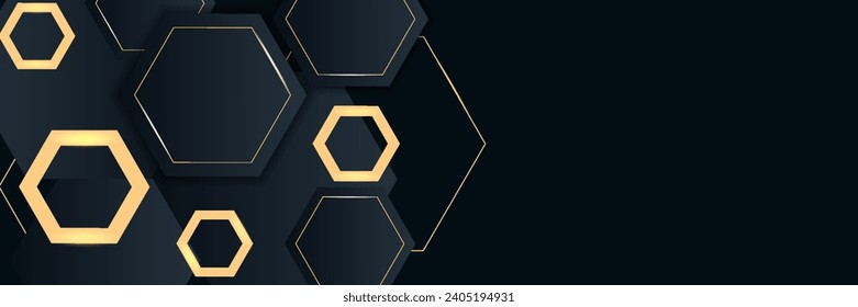 Moderno fondo de banner horizontal de lujo con capas de formas hexágonas doradas y decoración de la sombra. Diseño de textura de pentágono sencillo y moderno. Lujo y concepto elegante, vector