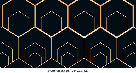 Modern luxury horizontal banner background with layers of golden hexagon shapes and shadow decoration. Trendy simple pentagon shape texture design. Luxury and elegant concept, vector