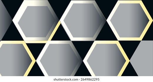 Fundo de banner horizontal de luxo moderno com camadas de formas de hexágono dourado e decoração de sombra. Design moderno de textura simples em forma de pentágono. Conceito luxuoso e elegante, vetor