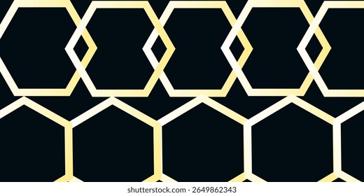 Fundo de banner horizontal de luxo moderno com camadas de formas de hexágono dourado e decoração de sombra. Design moderno de textura simples em forma de pentágono. Conceito luxuoso e elegante, vetor