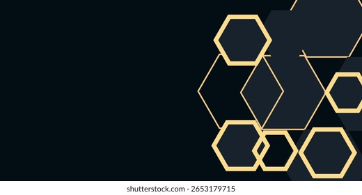 Modern luxury horizontal banner background with layers of golden hexagon shapes and shadow decoration. Trendy simple pentagon shape texture design. Luxury and elegant.
