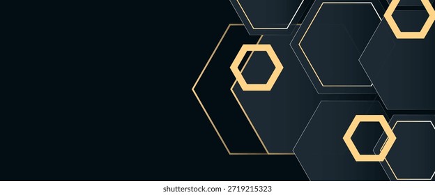 Fundo de banner horizontal de luxo moderno com camadas de formas de hexágono dourado e decoração de sombra. Design moderno de textura simples em forma de pentágono. Conceito luxuoso e elegante, vetor

