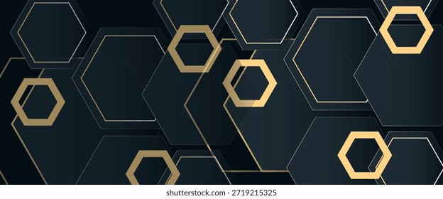 Fondo de Anuncio Horizontal de lujo moderno con capas de Formas hexagonales doradas y decoración de sombras. Diseño de textura de forma de pentágono simple de moda. Lujo y concepto elegante, Vector

