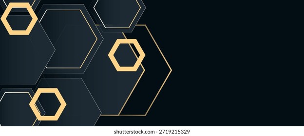 Fondo de Anuncio Horizontal de lujo moderno con capas de Formas hexagonales doradas y decoración de sombras. Diseño de textura de forma de pentágono simple de moda. Lujo y concepto elegante, Vector

