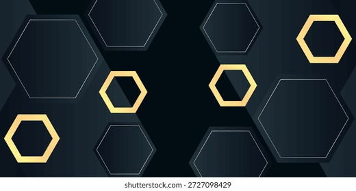 Modern luxury horizontal banner background with layers of golden hexagon shapes and shadow decoration. Trendy simple pentagon shape texture design. Luxury and elegant concept, vector