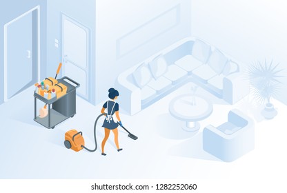 Modern Luxury Hotel Guest Services Isometric Vector with Chambermaid in Uniform Cleaning and Vacuuming Floor in Hotel Comfortable Room or Hall Illustration. Women Job Opportunity, Occupation Concept