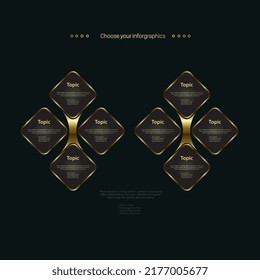 Modern luxury infographic tangle carts used in connection buttons concept, Group of premium levels charts on dark background