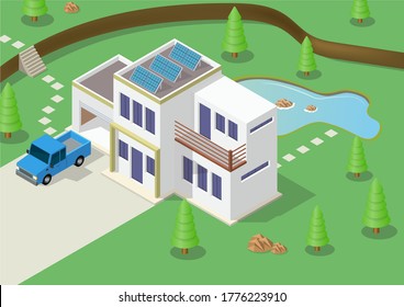 Modern Luxury Isometric Green Eco Friendly House With Solar Panel. Suitable for real estate brochures and other graphic related assets.