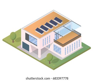 Modern Luxury Isometric Green Eco Friendly House With Solar Panel, Suitable for Diagrams, Infographics, Illustration, And Other Graphic Related Assets