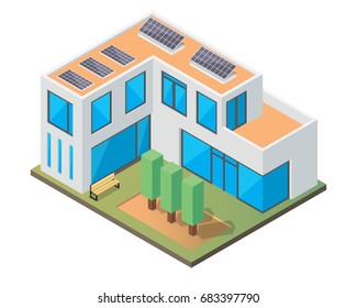 Modern Luxury Isometric Green Eco Friendly House With Solar Panel, Suitable for Diagrams, Infographics, Illustration, And Other Graphic Related Assets