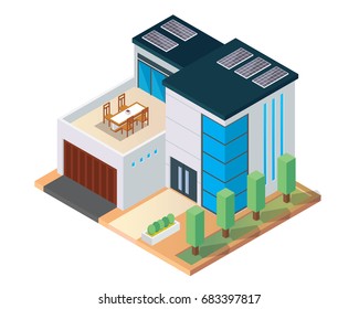 Modern Luxury Isometric Green Eco Friendly House With Solar Panel, Suitable for Diagrams, Infographics, Illustration, And Other Graphic Related Assets