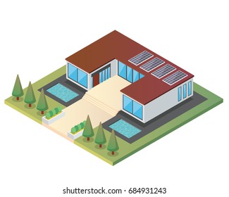 Modern Luxury Isometric Green Eco Friendly House With Solar Panel, Suitable for Diagrams, Infographics, Illustration, And Other Graphic Related Assets