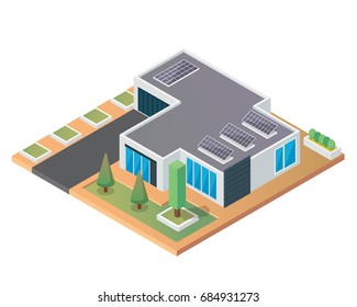Modern Luxury Isometric Green Eco Friendly House With Solar Panel, Suitable for Diagrams, Infographics, Illustration, And Other Graphic Related Assets