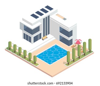 Modern Luxury Isometric Green Eco Friendly House With Solar Panel, Suitable for Diagrams, Infographics, Illustration, And Other Graphic Related Assets