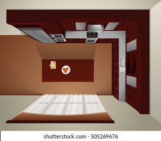 Modern Luxury Kitchen With Dark Wood Corner Cabinets And Dinner Table Top View Realistic Image Vector Illustration 