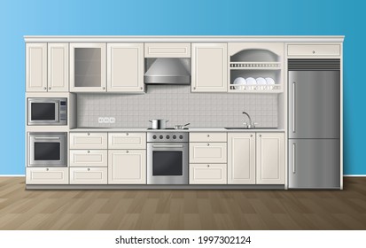 Moderna cocina de lujo gabinetes blancos con cocina integrada y nevera vista lateral realista imagen vectorial libre