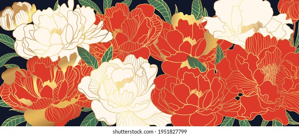 Modern luxury oriental style background vector. Japanese , Chinese oriental line art with red flower and golden texture,Natural Wall arts for print and home decor.