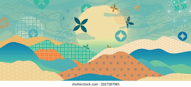 Modern luxury oriental style background vector. Mountain and sun 
landscape wallpaper. Japanese , Chinese oriental line art with golden texture. Natural Wall arts for print and home decor.