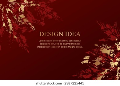 Modern luxury red background for web page or bithday greeting or poster or sale banner with golden autumn maple leaves.