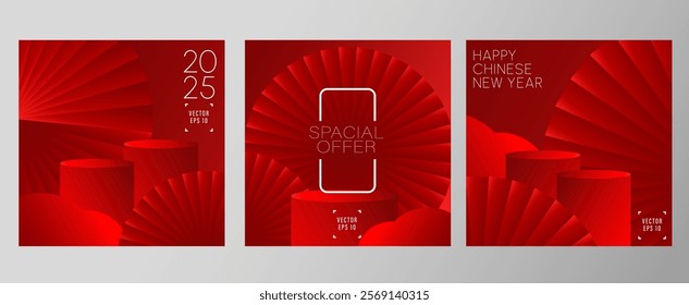 Modern luxury red product stand.
Theme of Chinese new year 2025 background.Template set for social media, banner,presentation,brand element etc.Vector EPS 10.