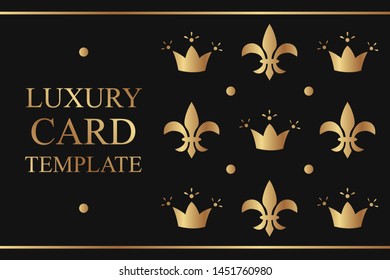 Modern luxury royal card template with golden crowns and fleur de lis on a black background.