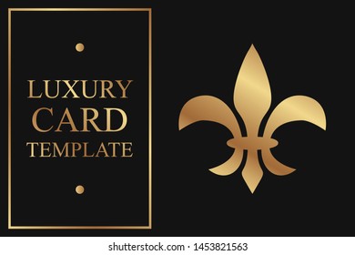 Modern luxury royal card template with golden fleur de lis symbol on a black background. 