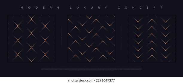 Conjunto moderno y lujoso de diseño impecable. Diseño de fondo abstracto de primera calidad para elementos de diseño elegantes. Papel de pared azul oscuro exclusivo y minimalista con formas geométricas de oro; círculos, líneas, rayas. Vector