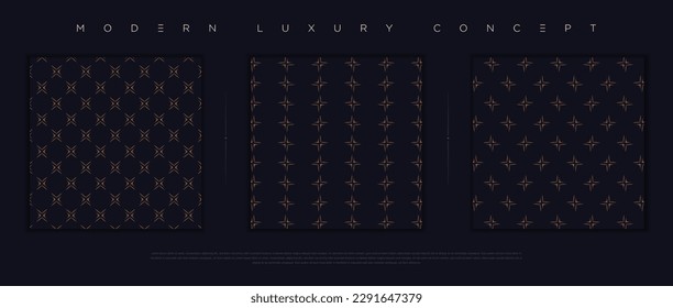 Modern luxury seamless pattern set. Premium abstract background design for elegant design elements. Minimalist exclusive dark blue wallpaper with gold geometric shapes; circles, lines, stripes. Vector