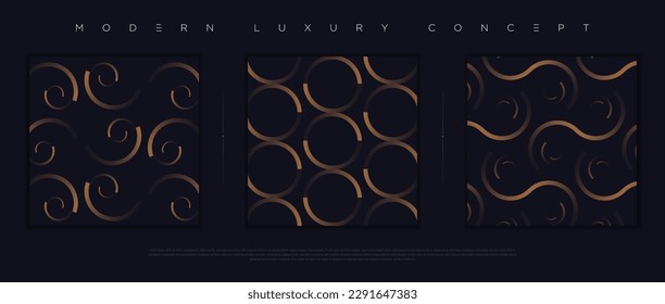 Conjunto moderno y lujoso de diseño impecable. Diseño de fondo abstracto de primera calidad para elementos de diseño elegantes. Papel de pared azul oscuro exclusivo y minimalista con formas geométricas de oro; círculos, líneas, rayas. Vector