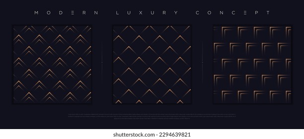 Modern luxury seamless pattern set. Premium abstract background design for elegant design elements. Minimalist exclusive dark blue wallpaper with gold geometric shapes; circles, lines, stripes. Vector