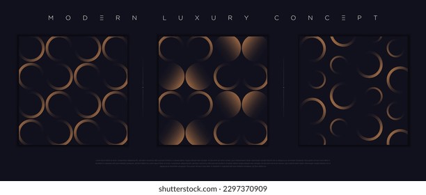 Modern luxury seamless pattern set. Premium abstract background design for elegant design elements. Minimalist exclusive dark blue wallpaper with gold geometric shapes; circles, lines, stripes. Vector