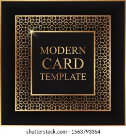 Modern luxury square card template for business or presentation or greeting with golden arabic ornament on a black background.
