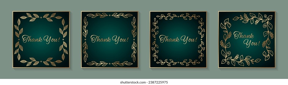 Modern luxury square card templates for wedding or bithday greeting or thank you with golden leaves and flowers frames on a teal grean background.
