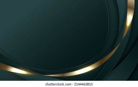 Modern luxury template design green curved shapes and golden ribbon line   lighting dark green background  Vector graphic illustration