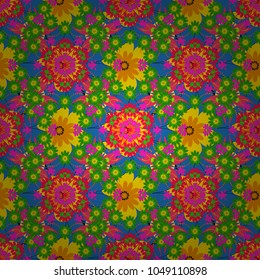 Modern luxury texture for fabrics, textile. Vector floral seamless pattern. Background wallpaper illustration with magenta, green and yellow flowers and vintage paisley ornaments.
