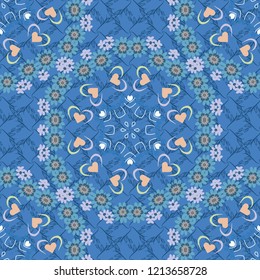 Modern luxury texture for fabrics, textile. Vector floral seamless pattern. Background wallpaper illustration with blue, violet and gray flowers and vintage paisley ornaments.