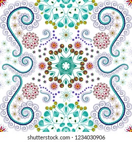 Modern luxury texture for fabrics, textile. Background wallpaper illustration with blue, red and white flowers and vintage paisley ornaments. Vector floral seamless pattern.