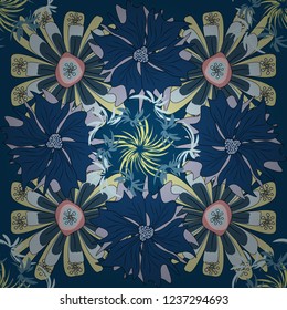 Modern luxury texture for fabrics, textile. Vector floral seamless pattern. Background wallpaper illustration with yellow, green and blue flowers and vintage paisley ornaments.