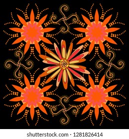 Modern luxury texture for fabrics, textile. Background wallpaper illustration with black, orange and pink flowers and vintage paisley ornaments. Vector floral seamless pattern.