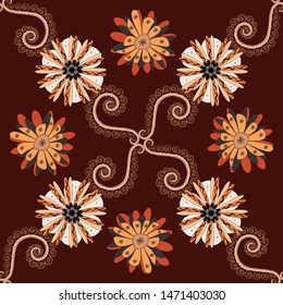 Modern luxury texture for fabrics, textile. Background wallpaper illustration with orange, beige and brown flowers and vintage paisley ornaments. Vector floral seamless pattern.