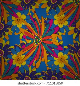Modern luxury texture for fabrics, textile. Vector floral seamless pattern. Blue, violet and yellow background wallpaper illustration with blue, violet and yellow flowers and vintage paisley ornaments