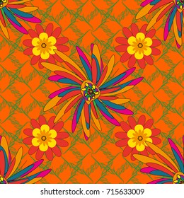 Modern luxury texture for fabrics, textile. Vector floral seamless pattern. Yellow, orange and red background wallpaper illustration with yellow, orange and red flowers and vintage paisley ornaments.