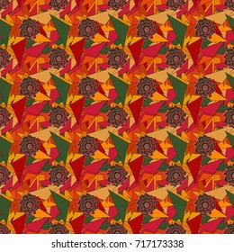 Modern luxury texture for fabrics, textile. Vector floral seamless pattern. Background wallpaper illustration with orange, red and green flowers and vintage paisley ornaments.